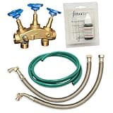 ALFILTRA FiltraSoft Anschluss-Set 1 Zoll für Pura & Basic Modelle Enthärtungsanlage – Messing-Anschlussblock mit Bypass, 2 Edelstahl-Flexschläuche 750 mm, 3 m Abwasserschlauch, Wasserhärte-Testset