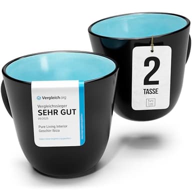 Kaffeetassen 2er Set Ibiza - Premium Steingut Tassen, Spülmaschinen- und Mikrowellenfest, Kratzfest - Stylishes Tee- und Kaffeebecher Set - Pure Living Geschirr in aquamarin
