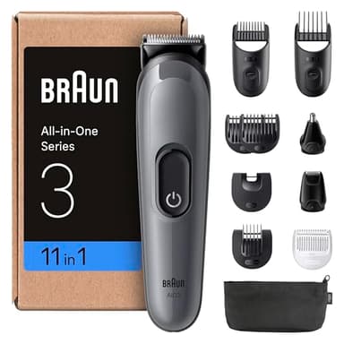 Braun All-in-One Trimmer-Set 3, 11-in-1 Multigroom, Barttrimmer, Nasenhaartrimmer, Haarschneidemaschine für Gesicht und Kopf, 50 Min Akku, 14 Längen (3–21 mm), Wasserdicht, AIO3565, Grau