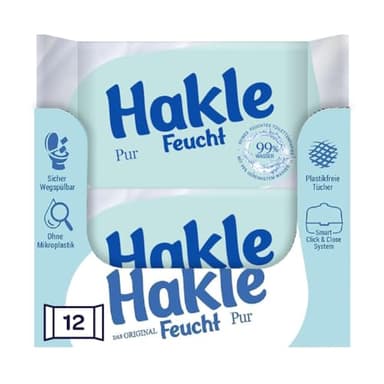 Hakle Feucht Pur im 12er-Pack, 504 Tücher (12 x 42 Blatt), pflegendes feuchtes Toilettenpapier, feuchte Tücher mit 99% Wasser, schnell wasserlösliche Feuchttücher