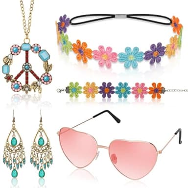 Alintor Hippie Kostüm Accessoires Set - 5 Stück Flower Power Zubehör, 70er Jahre Bekleidung, Peace Kette, Brille - Damen Schmuck