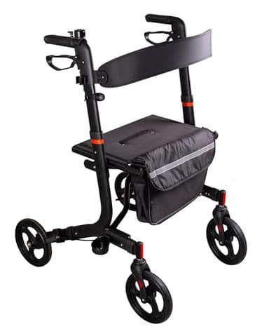 RIDDER – Rollator "Black Comfort" | Faltbarer Gehwagen mit höhenverstellbaren Griffen, breitem Sitz & Rückengurt. Gehhilfe mit abnehmbarer Einkaufstasche & Gehstockhalter | Belastbar bis 136kg
