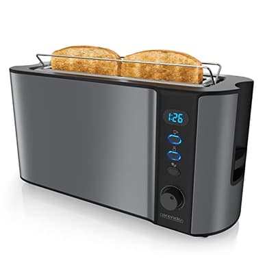 Arendo - Toaster Langschlitz - 2 Scheiben - Defrost Funktion - Wärmeisolierendes Doppelwandgehäuse - mit Brötchenaufsatz - herausziehbare Krümelschublade - Cool Grey Design