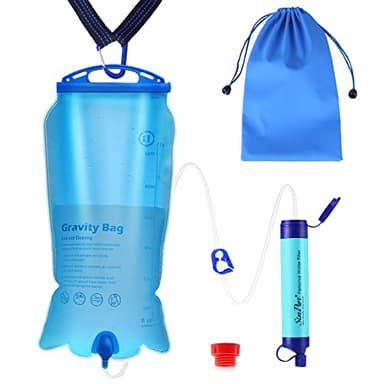 SimPure Gravity Wasserfilter Outdoor, 3L Tragbar Wasserbeutel Camping mit Trageriemen und Aufbewahrungstasche, Filtergenauigkeit bis zu 0,1 Mikron, Entfernt 99,9999% E.coli, Wandern, Reisen