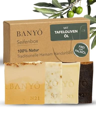 BANYÔ Naturseifen Box I Handgemachte Hamamseifen aus Jasmin Orange, Granatapfel, Traubenkern & Hamam I Für Haut, Haare & Gesicht I Zum Verschenken oder Testen I Ideal für alle Hauttypen