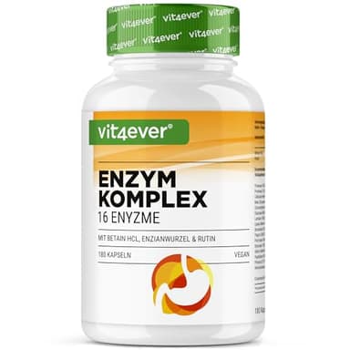 vit4ever Verdauungsenzyme - 180 Kapseln mit 16 Enzyme plus Betain HCL, Rutin & Enzianwurzel - Mit Bromelain, Papain, Amylase, Lipase, Protease, Laktase - Vegan - Hochdosiert