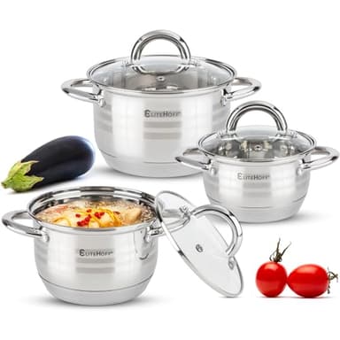 EliteHoff Topfset Induktion 6-teilig, Kochtopf Set mit Glasdeckel, 7-lagiger Edelstahl Topf Set Induktionsgeeignet, Kochgeschirr Set für alle Herdarten (E-4303)