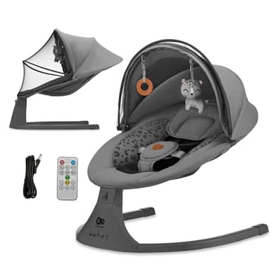 Kinderkraft LUMI 2 Babywippe, Elektrische Babyschaukel, Von der Geburt bis 9 Monate, Höhenverstellbar, 5 Schaukelmodi, 12 Melodien, Bogen mit Spielzeug, Dunkelgrau