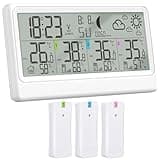 Wetterstation Funk mit 3 Außensensor, Innen- und Außenthermometer, Hygrometer, Barometer, Digitale Funkwetterstation mit 8,5"LCD-Display, Wettervorhersage, Mondphase, Wecker, Schlummerfunktion und RCC