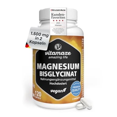 Magnesium Bisglycinat Kapseln hochdosiert, 1500 mg in nur 2 Kapseln davon 300 mg elementares Magnesium pro Tagesdosis, 120 vegane Kapseln für 2 Monate, ohne Zusatzstoffe, Made in Germany