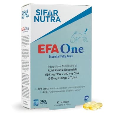 Sifar Nutra EFA One | IFOS 5-Sterne zertifiziert | Fischöl Omega 3 1020 mg | 580 mg EPA +390 mg DHA | Herzfunktion | Nahrungsergänzungsmittel für das Gedächtnis | Triglyceridform | 30 Kapseln