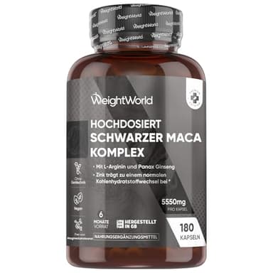 Maca Kapseln - 5550mg pro Kapsel - 6 Monate Vorrat - Schwarzer & Gelber Maca Komplex mit L-Arginin, Panax Ginseng, Schwarzer Pfeffer & Zink - 180 Capsules - Frauen & Männer - Glutenfrei - WeightWorld