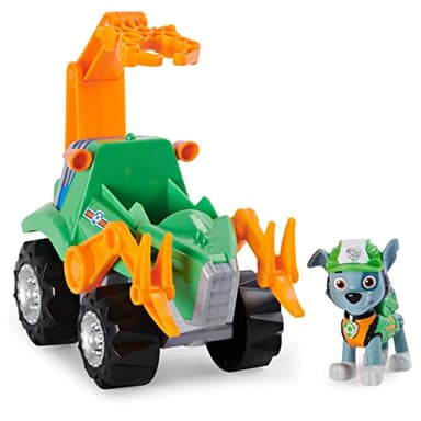 PAW PATROL Dino Rescue Rockys Basis Fahrzeug mit Rückzieh-Mechanismus, inklusive Hundefigur und Überraschungs-Dino, Spielzeug für Kinder ab 3 Jahren
