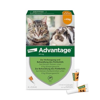 Elanco Advantage Spot-On 40 für kleine Katzen und Zierkaninchen bis 4 kg, wirksamer Schutz vor Flöhen und Flohbefall bis 4 Wochen, einfache Spot-on-Anwendung, 4 Pipetten mit 0,4 ml Lösung