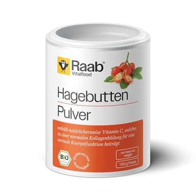 Raab Vitalfood Bio Hagebutten-Pulver, ohne Zusätze, vegan, mit natürlichem Vitamin C für eine normale Kollagenbildung und eine normale Knorpelfunktion, Hagebutte, 1er Pack (150 g Dose), 3000162