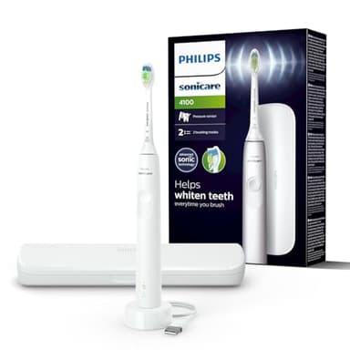 Philips Sonicare 4100 – Sonicare Elektrische Zahnbürste für Erwachsene mit 1 x Philips W2 Optimal White Sonic Bürstenkopf in Weiß, schlankem Reiseetui und USB-Ladegerät (Modell HX3683/33)