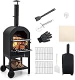 FANTASK Outdoor Pizzaofen mit eingebautem Thermometer, holzbefeuerter Pizzaofen mit praktischem Griff, Rädern, wasserdichtem Deckel & Ascheauffangschublade