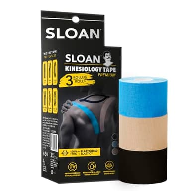 Pack Sloan® Kinesio-Tape, Beige, Schwarz, Blau, 5 m x 5 cm, elastisch, hypoallergen, atmungsaktiv und wasserdicht.