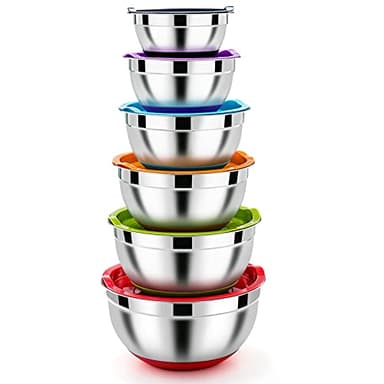 Homikit Rührschüssel Set, Edelstahl Schüssel Salatschüssel 6er Set mit Luftdichtem Deckel & Silikonboden, Stapelbar, Spülmaschinenfest, 4.6 L / 2.8 L / 2.5 L / 1.6 L / 1.2 L / 0.7 L