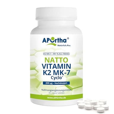 APOrtha Vitamin K2 MK7 200 µg 99+% ALL-Trans, 365 Tabletten hochdosiert vegan, Hochwertiges Natto K2 Vitamin leicht zu schlucken Nahrungsergänzung Vit K2, Vitamin K 2 Alternative zu K2 Tropfen Kapseln