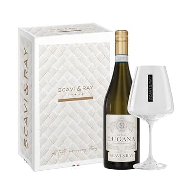 SCAVI & RAY Geschenkset – Lugana DOC Weißwein mit Designglas 0,75L, trocken, 13% Vol. Alkohol – Frischer Weißwein aus Italien – Elegantes Präsent für Weinliebhaber