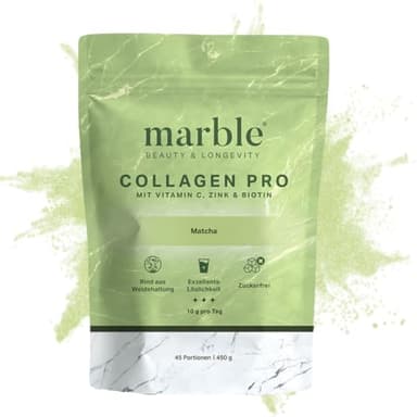 marble® Kollagen Pulver PRO 450 g - Collagen Pulver plus Vitamin C, Zink & Biotin - Collagenpeptide - 60 Tage risikofrei testen - aus Weiderind mit perfekter Löslichkeit – Matcha