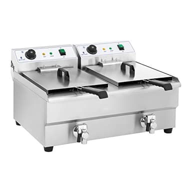 Royal Catering Doppel-Fritteuse aus Edelstahl (2 x 16 l Kapazität, 2 x 3200 Watt, Thermostat, 2 x Ablasshahn) Doppel-Elektro-Fritteuse