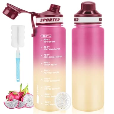 MOMSIV Trinkflasche, Sport Trinkflasche, 1L BPA-Frei Auslaufsicher Sport Wasserflasche mit Zeitmarkierung und Bürste, Sportflasche für Fitness, Schule, Fahrrad, Camping, Yoga (Rosa)