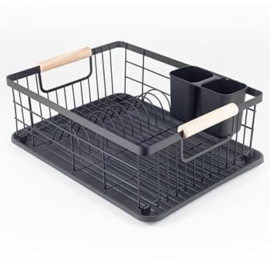 Abtropfgestell Schwarz Matt [42,5 x 31,5 x 14 cm] – Abtropfschale für Geschirr mit Griffen aus Holz – Geschirrständer aus Edelstahl für die Spüle, Abtropfgitter, Besteckhalter, Geschirrgestell