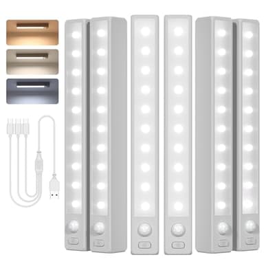 JVURICE Schrankbeleuchtung LED Bewegungssensor, 18 cm Kompakt Treppenlicht, 7000/4500/3000 K Farbtemperatur, Helligkeitsregelung, Magnetlampe, USB-C Aufladbar für Schubladen, Vitrinen(6er Pack)
