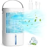 RenFox Mini Luftkühler, Mobile Klimaanlage, Tragbare 5 in 1 Klimagerät, USB Air Cooler, Verdunstungskühler Leise, 90° Oszillation, 1000ml Wassertank, 2/4 Timer, Ventilator für Küche, Büro, Weiß