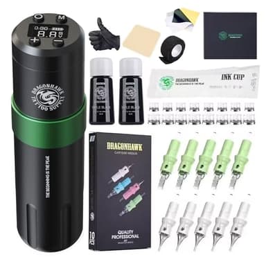 Dragonhawk Tattoo Maschine Set Rotary kabellose Tätowiermaschine Pen Tattoo Gun mit 1500mAh Batterie 3.5mm Stroke Length 20 pcs Tattoo Cartridges Nadeln komplett für Tattoo Anfänger
