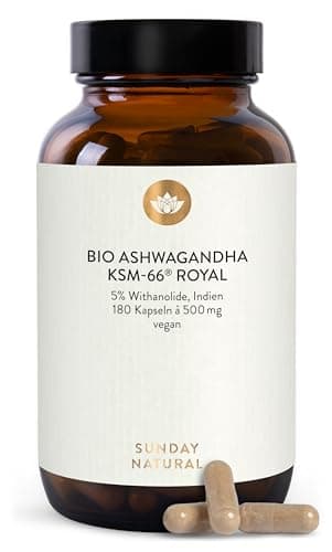 SUNDAY NATURAL® Bio Ashwagandha Kapseln - KSM-66® ROYAL – Hochdosiert 1.000mg Wurzelextrakt mit 50mg Withanoliden (5%) pro Tagesdosis – 180 Kapseln - Ashwaganda aus Indien