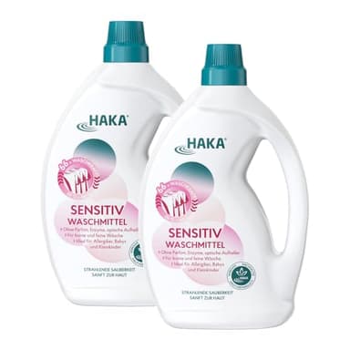 HAKA Sensitiv Waschmittel, 2x 2 L (132 WL), für Allergiker & sensible Haut, für bunte & empfindliche Wäsche, Baby Waschmittel, parfümfrei, vegan, haut- & umweltfreundlich