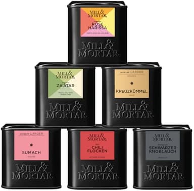 Mill & Mortar Top Aromen für Ottolenghi Fans, Geschenkset mit 6 Bio-Gewürzen aus Nahost: Rose Harissa, Za’atar, Sumach, Kreuzkümmel, Chili Flocken & Schwarzer Knoblauch, Levante Gewürzset
