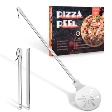 Homikit Pizzaschieber, 17,8 x 20,5 x 107cm Edelstahl Perforierter Pizzaschaufel, Pizzawender mit Abnehmbaren Metallgriff zum Leichten Gleiten Pizzastein, mit Rund Kanten für Backofen Grill Steinofen