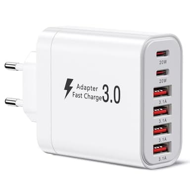 USB C Ladegerät 52W, Mehrfach Ladegerät Stecker mit 2xUSBC und 4xUSBA, 6 Ports Schnellladegerät PD20W Power Adapter USB Netzteil Kompatibel mit iPhone 16/15/14/13/12/11/iPad/Galaxy S21/S22/S23/S24