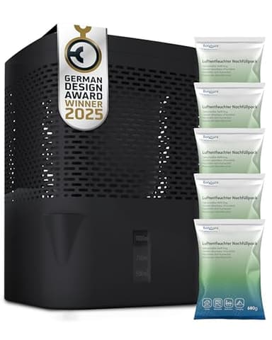 BonAura® Luftentfeuchter ohne Strom bis 23m² I 360° Belüftung I Raumentfeuchter mit Ausgießer & 5 x 680g Luftentfeuchter Granulat I Schimmel- und Geruchsschutz I Raum Entfeuchter Wohnung