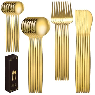 Goldenes Besteck Set für 6 Personen, Edelstahl-Besteck-Set mit Geschenkbox, 24 Teiliges Besteckset mit Löffel-Messer-Gabel, Hochglanzpoliert und Spülmaschinenfest für Hochzeiten, Familienessen