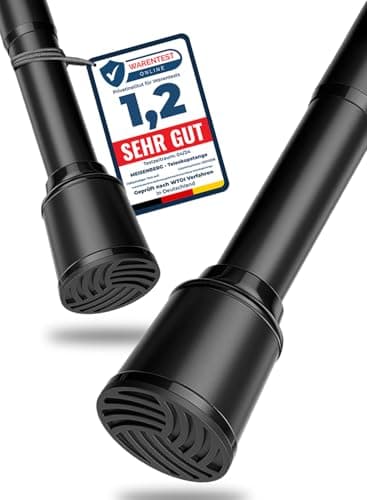 MEISENBERG Gardinenstange ohne Bohren 320-370cm, Schwarz, Ø 32 mm, Teleskopstange Balkon - Vorhangstange Klemmstange für Vorhänge, Dusche, Türöffnungen und Kleiderschrank