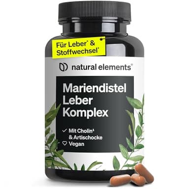 natural elements Mariendistel Leber Komplex - 120 Kapseln - mit Mariendistel, Cholin, Artischockenextrakt, Curcuma & Zink - Leberkur Hochdosiert, vegan, laborgeprüft und in Deutschland produziert