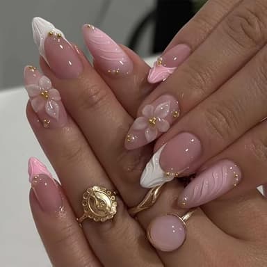 OuryTech Press on Nails, 24 Stück Pink Almond Medium French Tip Fake Nails mit Embossed Flower Gold Bead Designs, Glossy Finish Reusable False Nails, Nail Kit für Damen