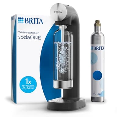 BRITA Wassersprudler sodaONE (schwarz) inkl. CO₂-Zylinder und BPA-freier PET-Flasche | Macht aus Trinkwasser spritziges Sprudelwasser (bis zu 60l pro Zylinder) – Trinkwassersprudler für zuhause