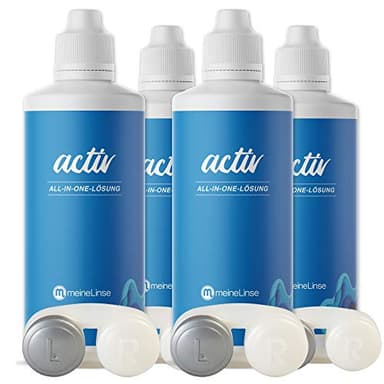 meineLinse activ All-in-One Kontaktlinsen Flüssigkeit für weiche Linsen | 4x 360ml + 4 Behälter | Kontaktlinsenflüssigkeit mit extra Plus an Feuchtigkeit