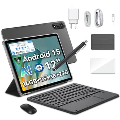Blackview Mega2 Android 15 Tablet 12 Zoll mit Tastatur, 24GB RAM+256GB ROM, 2K FHD Großes Display Gaming Tablet, Dual 4G LTE+5G WiFi,Octa Core T615, 9000 mAh Akuu, WideVine L1,Dual Kamera,Face ID,GPS