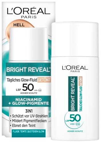 L'Oréal Tägliches Getöntes UV Glow-Fluid LSF 50, Niacinamid + Glow-Pigmente, Farbe: Hell, Bright Reveal, 1 x 50 ml