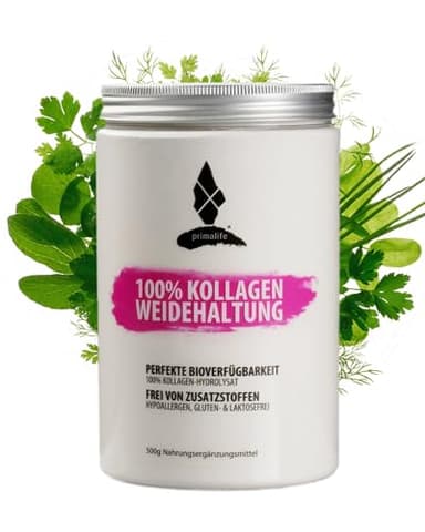 PRIMALIFE Collagen Pulver 500g - 100% reines Kollagen Pulver aus Weidehaltung - Hoher Proteingehalt mit 9,6g Eiweiß pro Portion - Mit Kollagen Peptiden Typ 1, 2 & 3