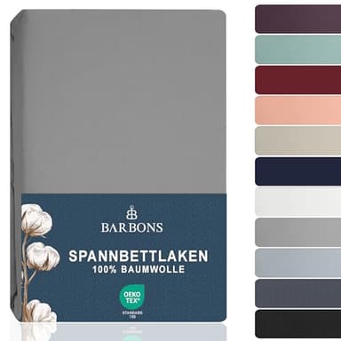 BARBONS Spannbettlaken 140x200cm - 100% Baumwolle Spannbetttuch Oeko-TEX Zertifiziert Bettlaken Jersey Bettwaren und Bettbezug für Boxspringbett und Dicke Matratzen bis 27 cm - Hellgrau 140 x 200