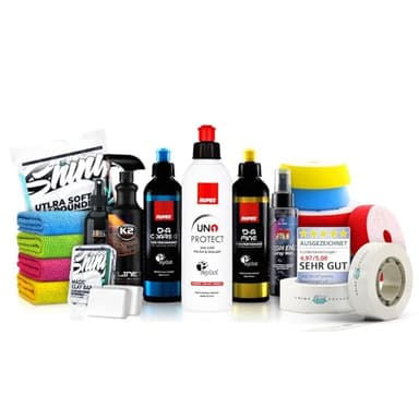Politurset: Rupes Politur Set + Royal Pads Premium Polierpads + Dr. Wack Versiegelung für Lack- & Scheiben + Zubehör - Auto Politur | 19-teilig