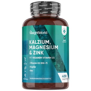Kalzium Magnesium Zink - 400 Tabletten - 1+ Jahr - 500mg Calcium pro Tagesdosis - 1 vegane Tablette Pro Tag - Mit Mangan, Vitamin D3 K2, Bor, Selen, Kupfer - Frei von Magnesiumstearat - WeightWorld